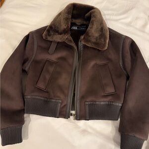 Zara Dark Brown Bomber Jacket with Faux Fur Collar